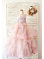 Long Lace Ball Gown Sleeveless Jewel Neck Wedding Dress With Tulle Flower Girl