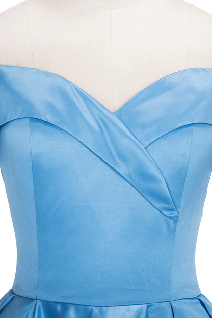 Long Ball Gown Off-shoulder Satin Blue Prom Dresses with Slit