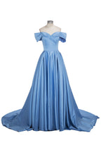 Langes Ballkleid, schulterfrei, Satin, blau, Ballkleider mit Schlitz