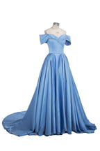 Langes Ballkleid, schulterfrei, Satin, blau, Ballkleider mit Schlitz