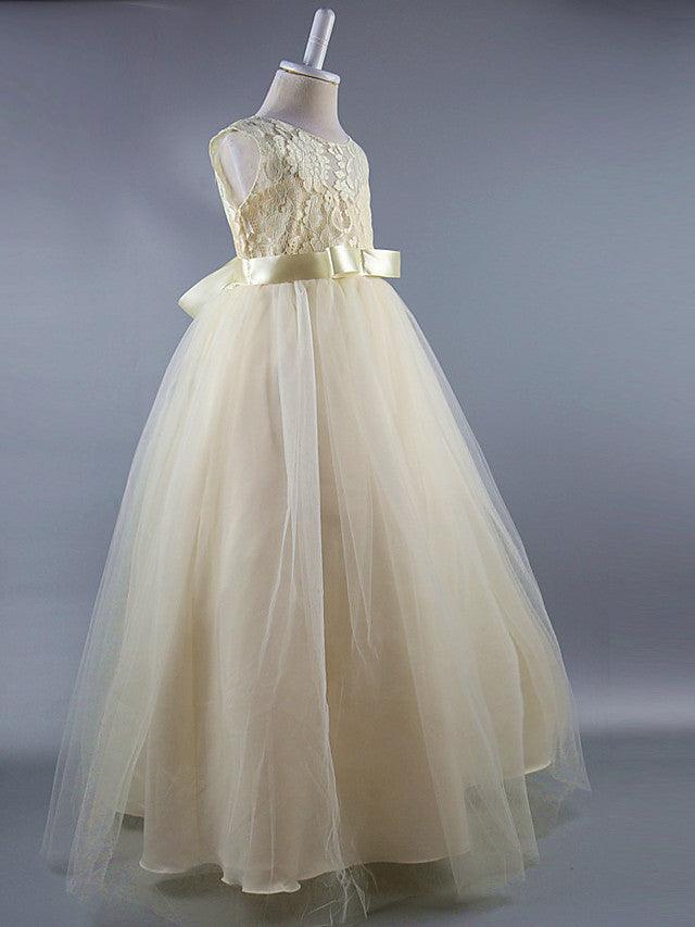 Lace Long Ball Gown Jewel Neck Sleeveless Wedding First Communion Dress