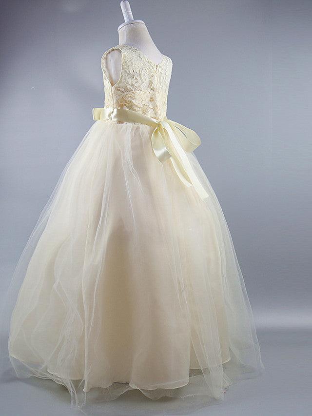 Lace Long Ball Gown Jewel Neck Sleeveless Wedding First Communion Dress