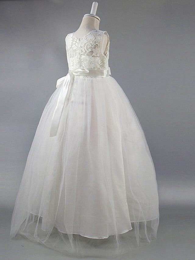 Lace Long Ball Gown Jewel Neck Sleeveless Wedding First Communion Dress