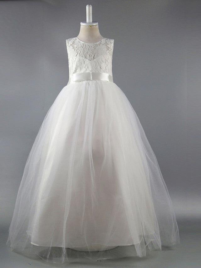Lace Long Ball Gown Jewel Neck Sleeveless Wedding First Communion Dress