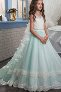 Elegant Long Lace Flower Girl Ball Gown Dress Scoop Neck Sleeveless