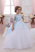 Long Elegant Scoop Neck Lace Ball Gown Flower Girl Dress With Sleeves