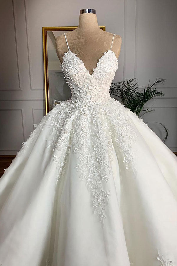Langes Ballkleid Spaghettiträger Applikationen Spitze Satin Brautkleid