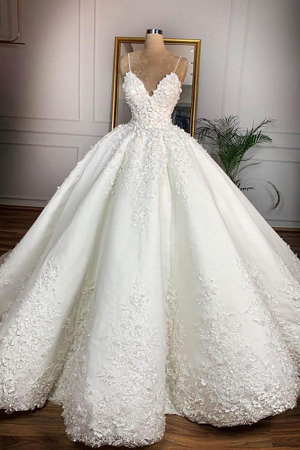 Langes Ballkleid Spaghettiträger Applikationen Spitze Satin Brautkleid
