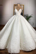 Langes Ballkleid Spaghettiträger Applikationen Spitze Satin Brautkleid