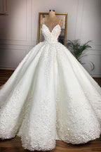 Langes Ballkleid Spaghettiträger Applikationen Spitze Satin Brautkleid