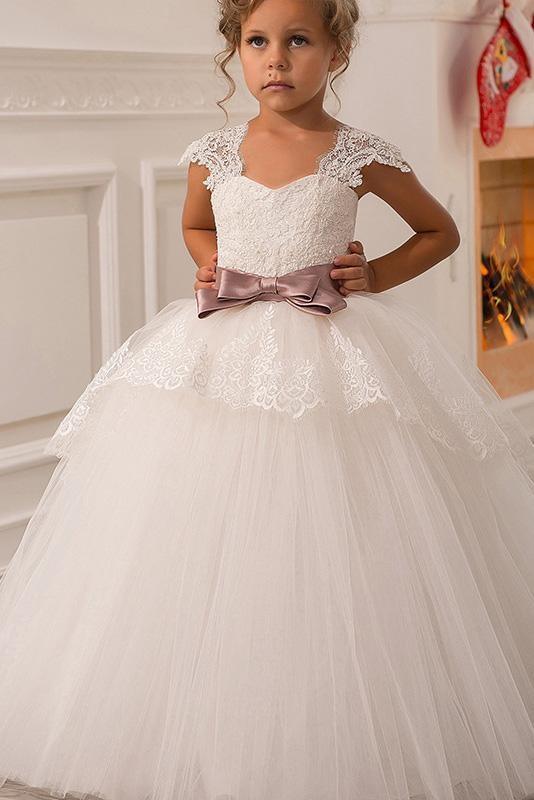 Long Square Neck Lace Ball Gown Flower Girl Dress With Cap Sleeves