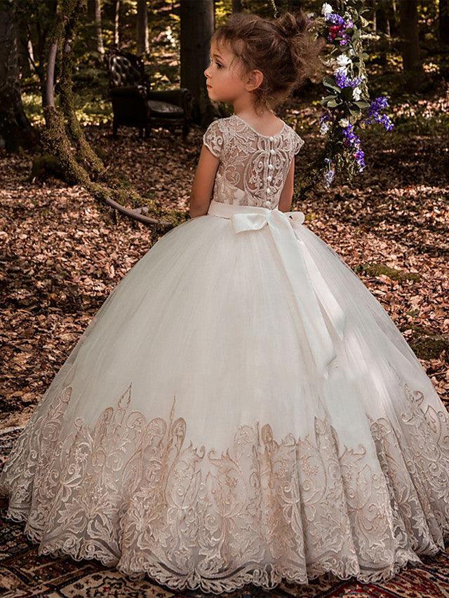 Lace Ball Gown With Sweep Train And Button Detail For Pageants
