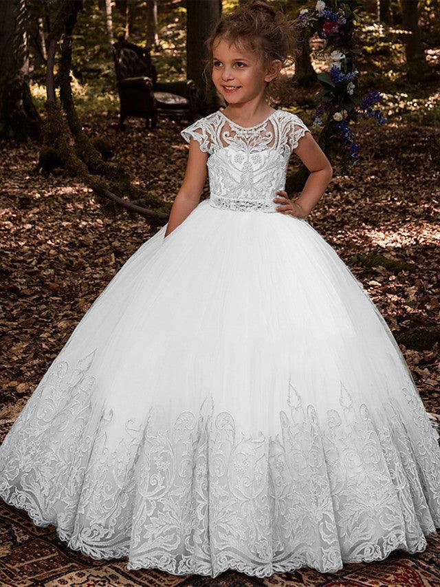 Lace Ball Gown With Sweep Train And Button Detail For Pageants