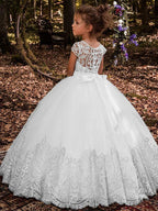 Lace Ball Gown With Sweep Train And Button Detail For Pageants