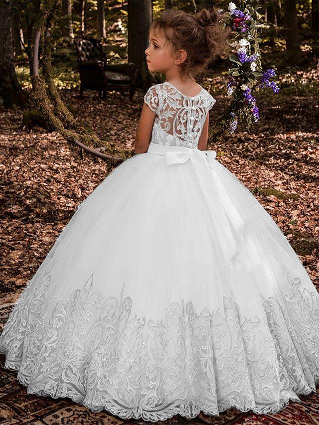 Lace Ball Gown With Sweep Train And Button Detail For Pageants