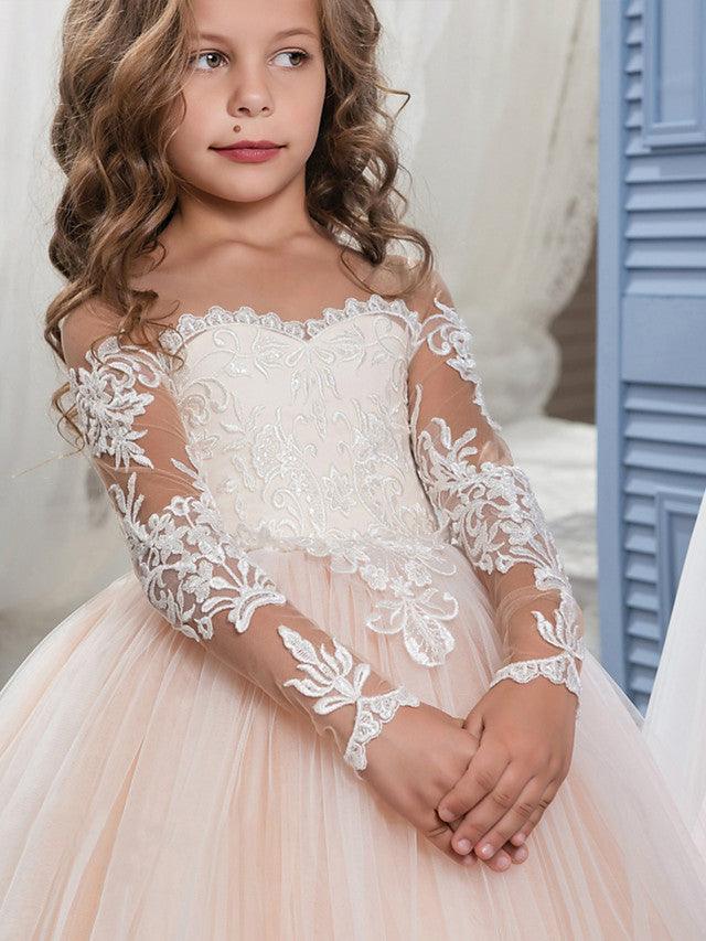 Lace Ball Gown Flower Girl Dress With Long Sleeves For Wedding Birthday Pageant