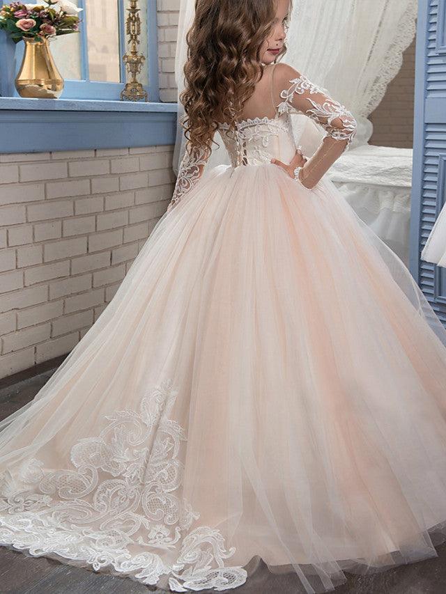Lace Ball Gown Flower Girl Dress With Long Sleeves For Wedding Birthday Pageant