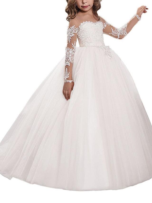 Lace Ball Gown Flower Girl Dress With Long Sleeves For Wedding Birthday Pageant - photo 4