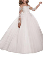 Lace Ball Gown Flower Girl Dress With Long Sleeves For Wedding Birthday Pageant