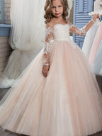 Lace Ball Gown Flower Girl Dress With Long Sleeves For Wedding Birthday Pageant