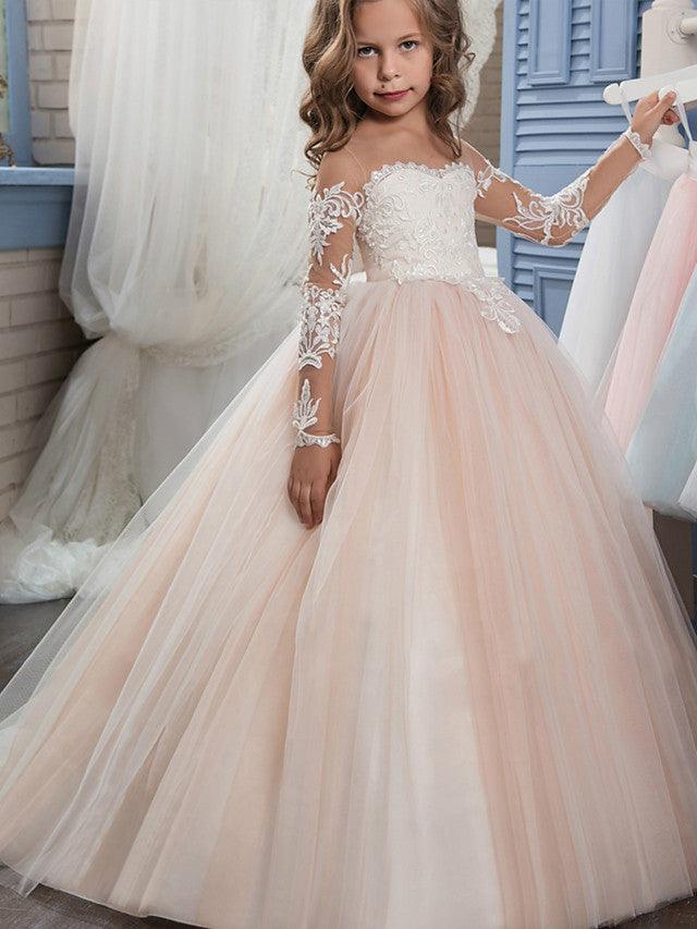 Lace Ball Gown Flower Girl Dress With Long Sleeves For Wedding Birthday Pageant
