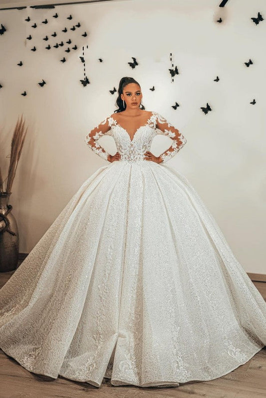 Langes Ballkleid mit Herzausschnitt, Applikationen, Spitze, Pailletten und Rüschen, Brautkleid mit Ärmeln