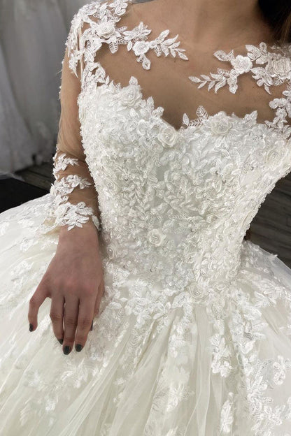 Long Ball Gown Sweetheart Appliques Lace Tulle Wedding Dress with Sleeves