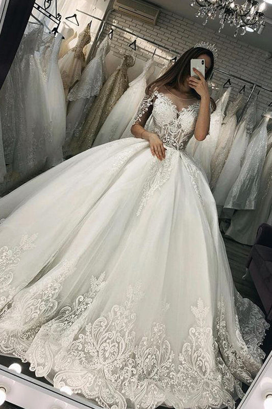 Langes Ballkleid mit Herzausschnitt, Applikationen, Spitze und Tüll, Brautkleid mit Ärmeln