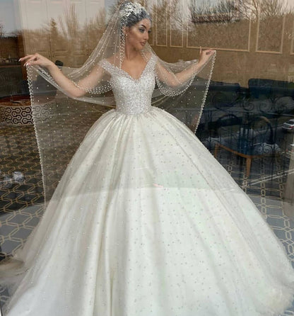 Langes Ballkleid Herzausschnitt Schulterfrei Rückenfrei Perlenbesetzt Rüschen Tüll Brautkleid