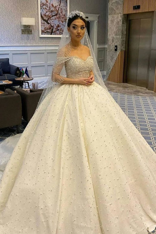 Langes Ballkleid Herzausschnitt Schulterfrei Rückenfrei Perlenbesetzt Rüschen Tüll Brautkleid