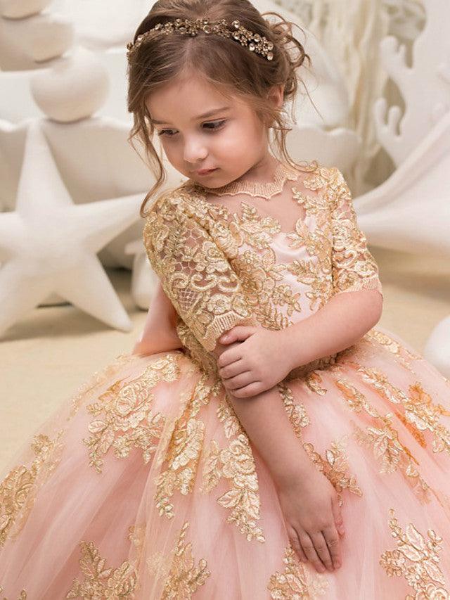 Long Ball Gown Flower Girl Dress Lace Half Sleeves Wedding Jewel Neck