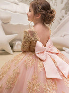 Long Ball Gown Flower Girl Dress Lace Half Sleeves Wedding Jewel Neck