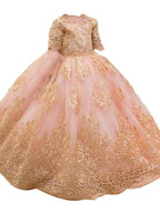 Long Ball Gown Flower Girl Dress Lace Half Sleeves Wedding Jewel Neck