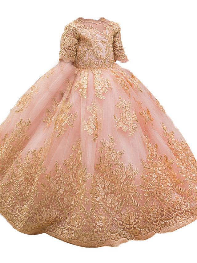 Long Ball Gown Flower Girl Dress Lace Half Sleeves Wedding Jewel Neck