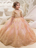 Long Ball Gown Flower Girl Dress Lace Half Sleeves Wedding Jewel Neck