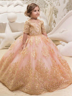 Long Ball Gown Flower Girl Dress Lace Half Sleeves Wedding Jewel Neck