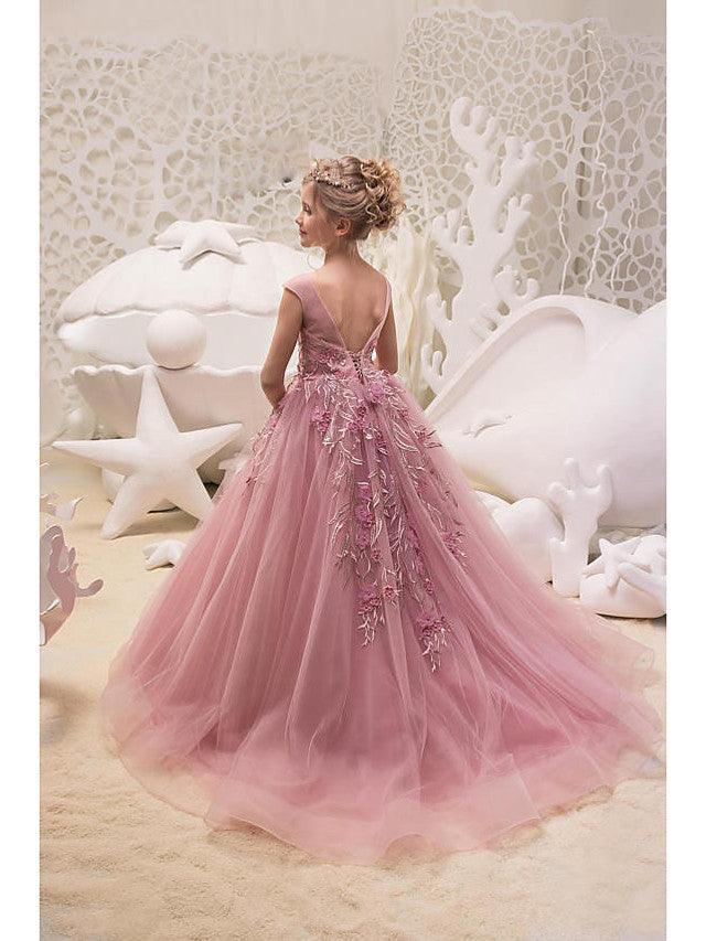 Jewel Neck Lace Flower Girl Ball Gown Wedding Dress Sweep Brush Train