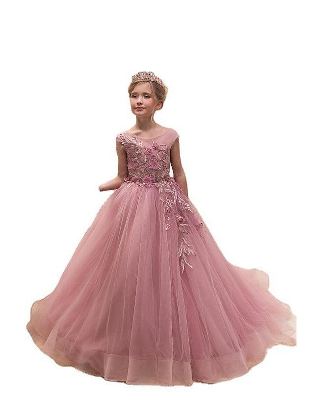 Jewel Neck Lace Flower Girl Ball Gown Wedding Dress Sweep Brush Train