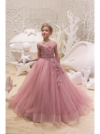 Jewel Neck Lace Flower Girl Ball Gown Wedding Dress Sweep Brush Train