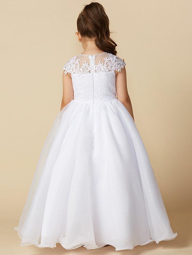 Long Ball Gown Flower Girl Dress With Jewel Neck Lace And Beading