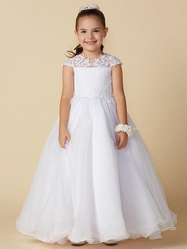 Long Ball Gown Flower Girl Dress With Jewel Neck Lace And Beading
