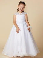 Long Ball Gown Flower Girl Dress With Jewel Neck Lace And Beading