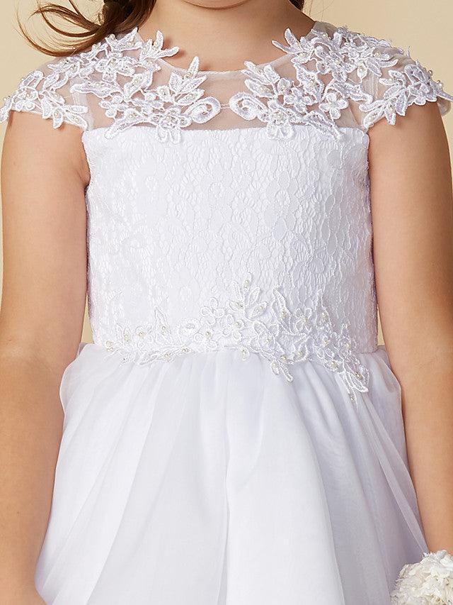 Long Ball Gown Flower Girl Dress With Jewel Neck Lace And Beading