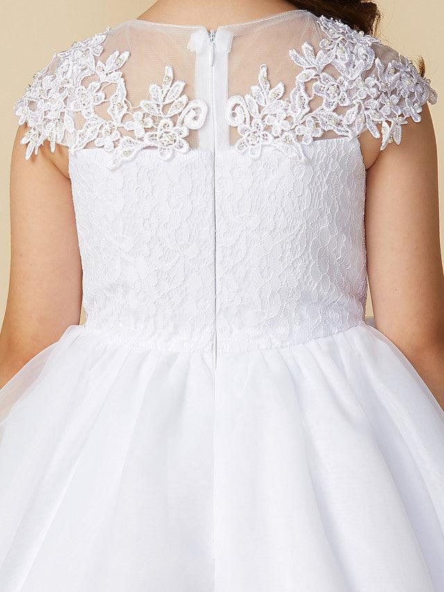 Long Ball Gown Flower Girl Dress With Jewel Neck Lace And Beading
