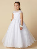 Long Ball Gown Flower Girl Dress With Jewel Neck Lace And Beading