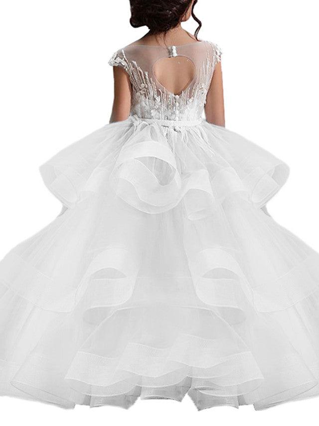 Organza Ball Gown Flower Girl Dress With Lace And Short Sleeves