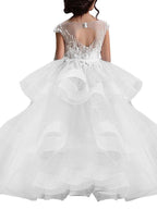Organza Ball Gown Flower Girl Dress With Lace And Short Sleeves