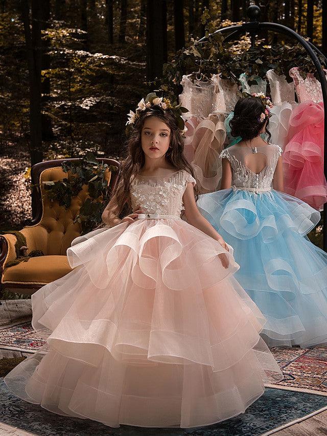 Organza Ball Gown Flower Girl Dress With Lace And Short Sleeves