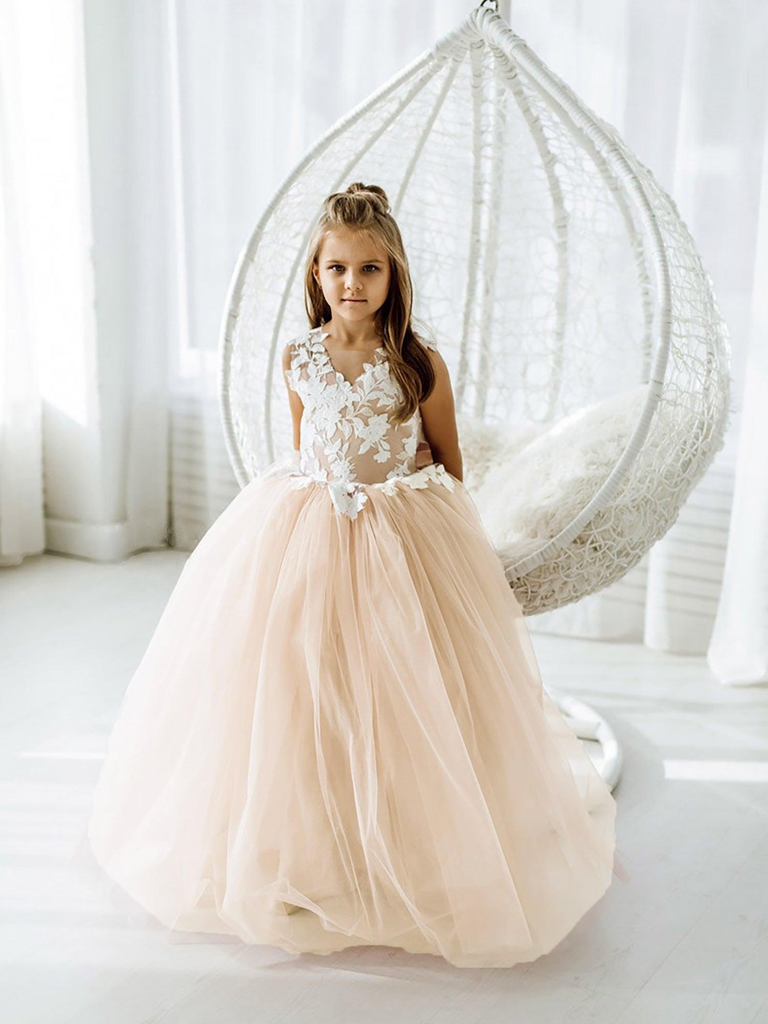 Floor Length Tulle Lace Sleeveless Flower Girl Ball Gown Dress With Bow