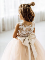 Floor Length Tulle Lace Sleeveless Flower Girl Ball Gown Dress With Bow